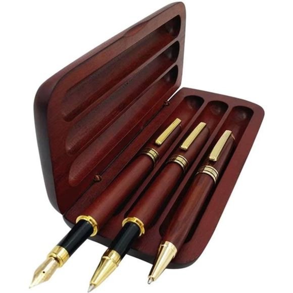 3 Pcs Wooden Pens Set with Gift Case/Best Writing Fountain Fancy Ballpoint Pen